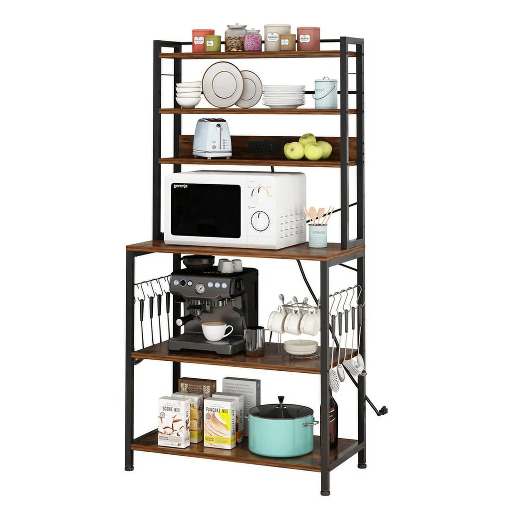 Rustic Brown 6-Tier Bakers Rack with Power Outlets S523