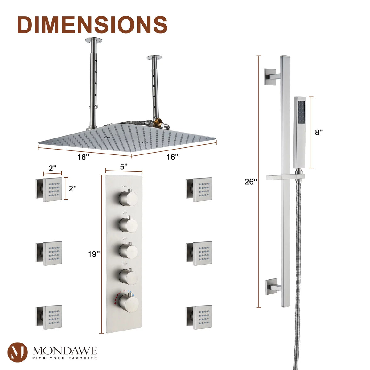 16 Inch Thermostatic Rain Shower System with 6 Body Spray B393227