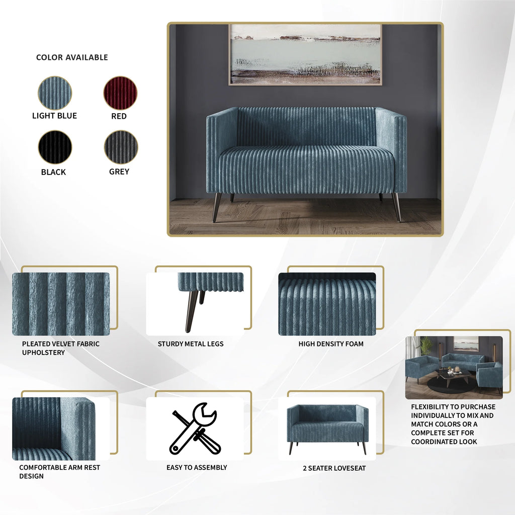 Light Blue Pleated Velvet Upholstered Loveseat Q3167