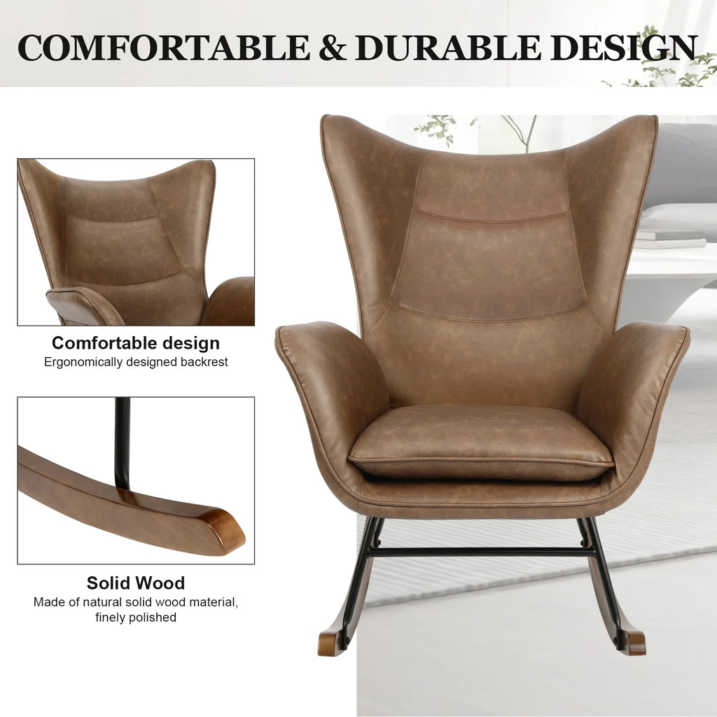 Brown PU Leather Rocker Glider Chair with Wooden Base R473