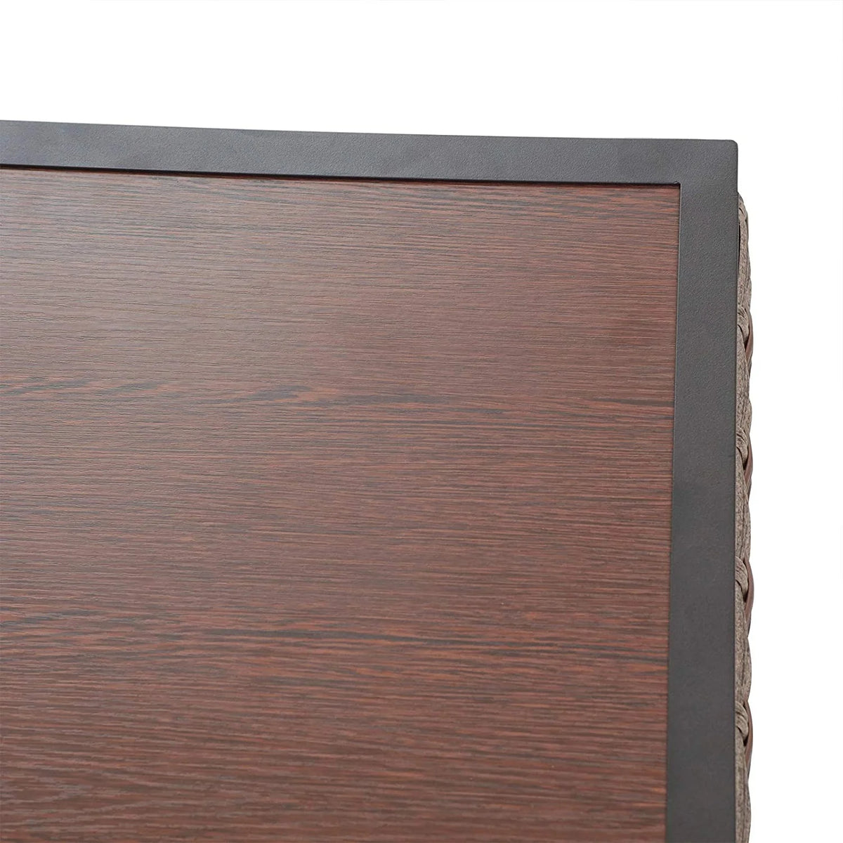 Patio Side End Coffee Table with Metal Steel Frame Wood Grain Desktop Rattan Wicker M238571