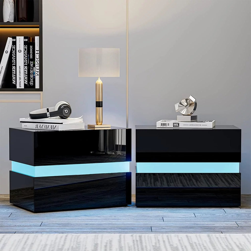 Black Modern LED Nightstand Set of 2 with 2 High Glossy Drawers T46193