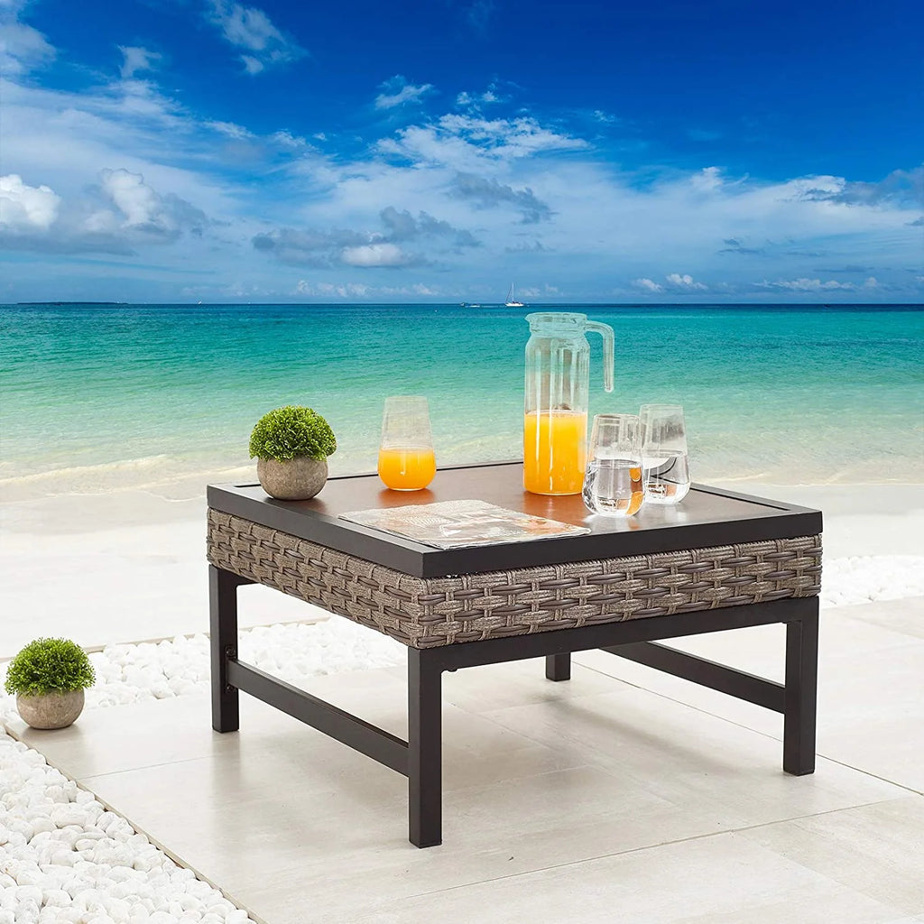 Patio Side End Coffee Table with Metal Steel Frame Wood Grain Desktop Rattan Wicker M238571