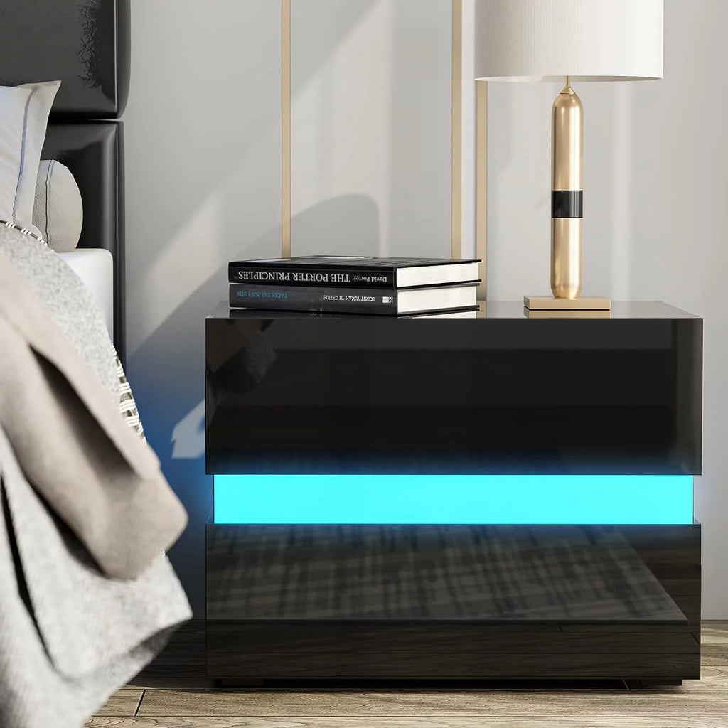 Black Modern LED Nightstand Set of 2 with 2 High Glossy Drawers T46193
