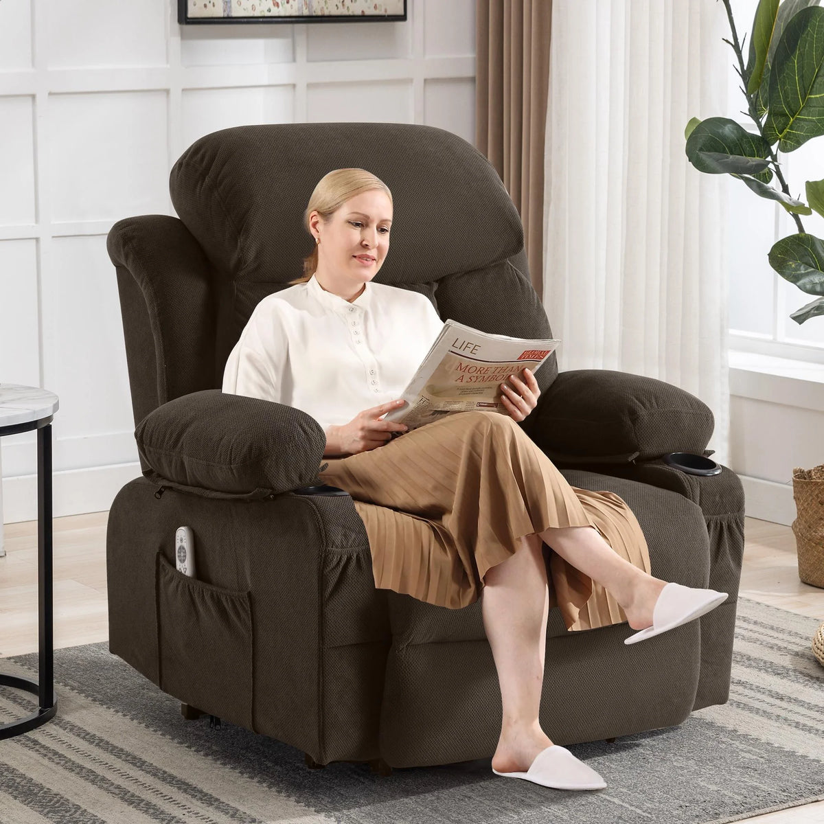 Brown PU Leather Power Lift Recliner Chair with Massage and Heating O355