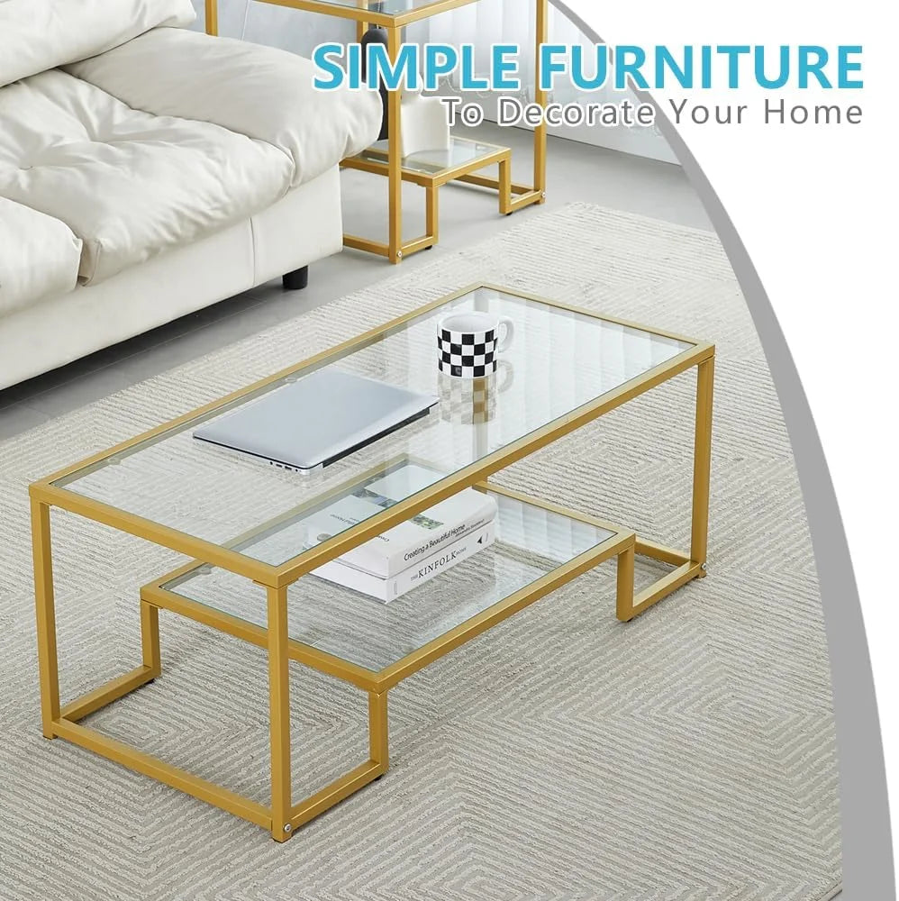 Black Metal Glass Coffee Table with 2 Shelves Y266496