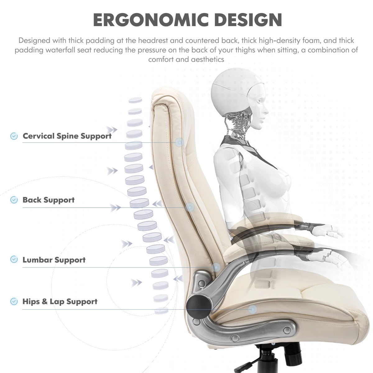 High Back Leather Executive White Office Desk Chair with Flip-up Arms O100866
