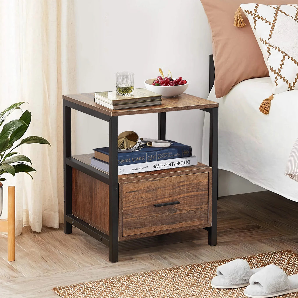 2 Tiers Nightstand with Drawer and Open Shelf Brown B669