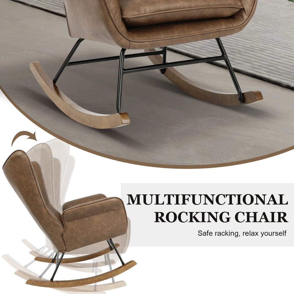 Brown PU Leather Rocker Glider Chair with Wooden Base R473