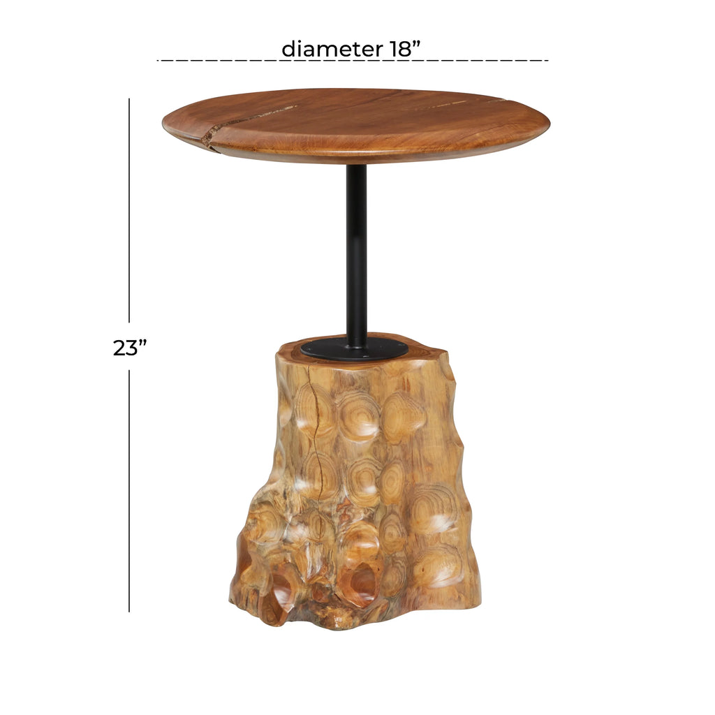 Brown Teak Wood Live Edge Accent Table with Tree Stump Base N908