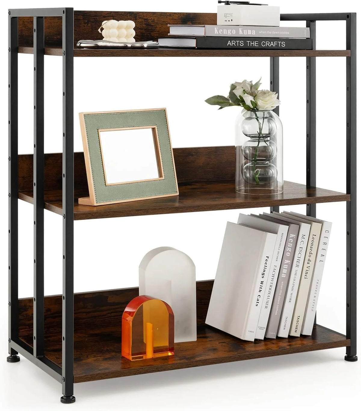 3-Tier Rustic Brown Bookshelf with Metal Frame L3214