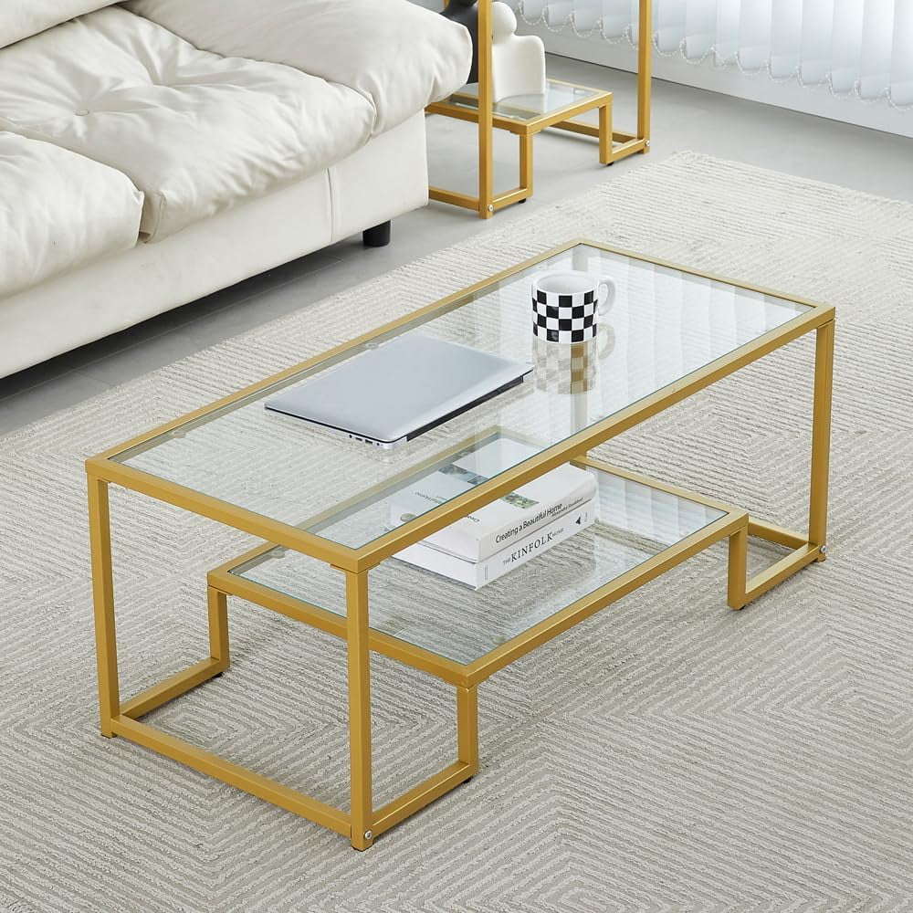 Black Metal Glass Coffee Table with 2 Shelves Y266496