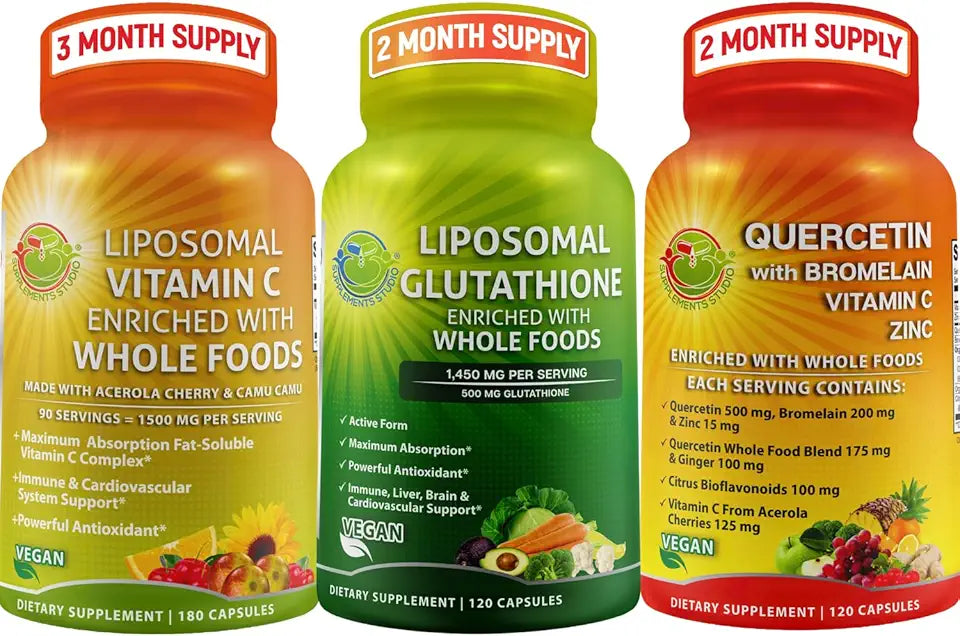 Liposomal Glutathione 500mg Supplement, Liposomal Vitamin C 1500mg Capsules & Quercetin with Bromelain Vitamin C and Zinc H4344