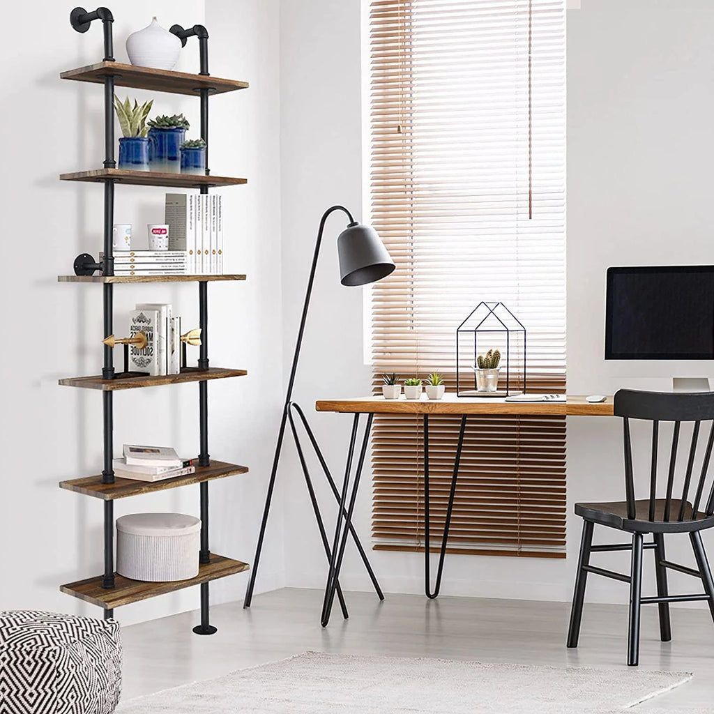6-Tier 82 inch Wall-Mounted Pipe Bookshelf with Metal Frame X66887