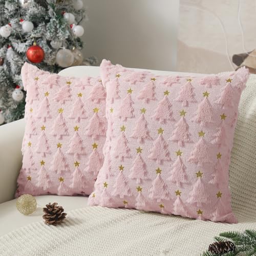 Dark Green Christmas Tree Pillow Covers 18 x 18 inch Set of 2 Plush Faux Fur I12057