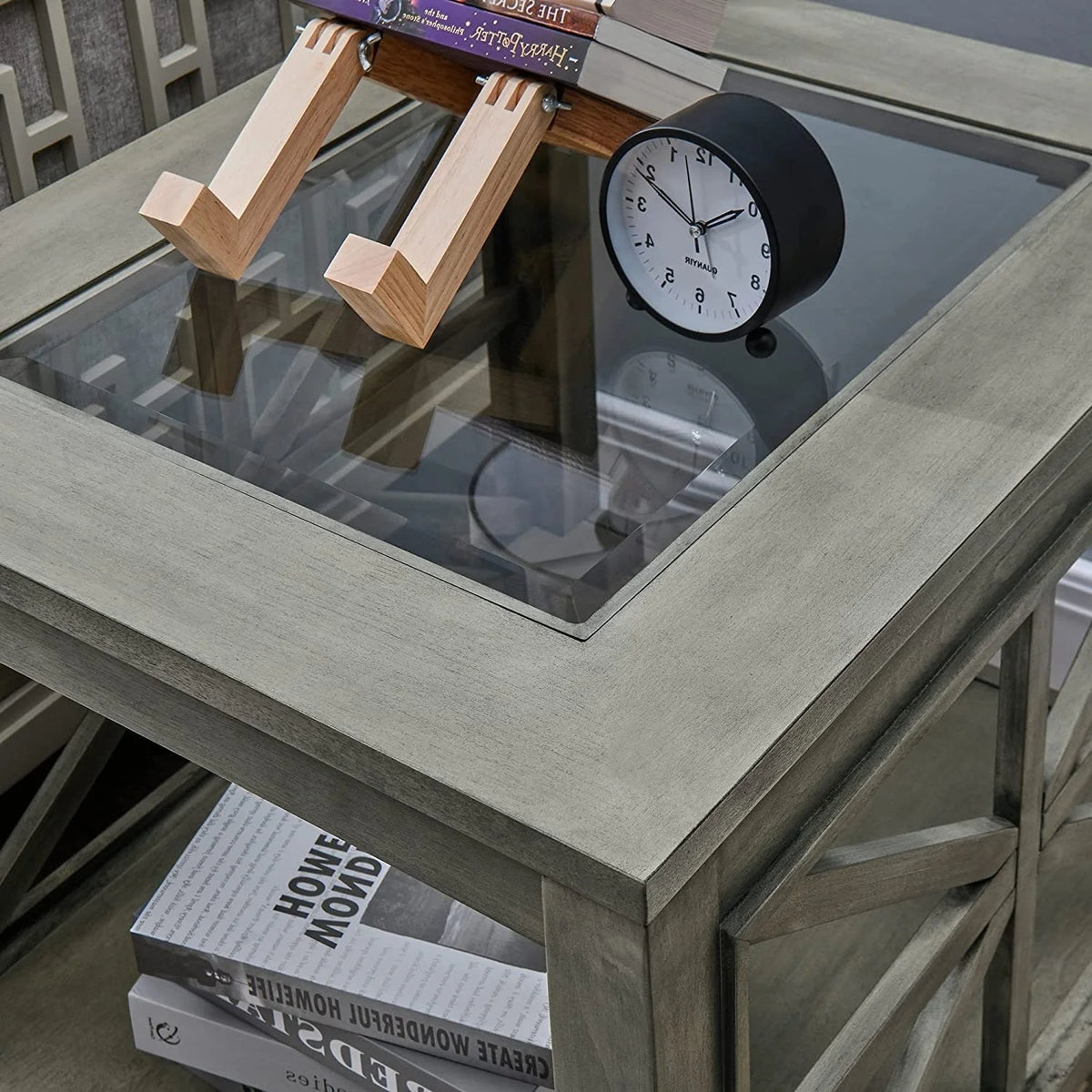 Square Wood End Table with Glass Top Grey S293496