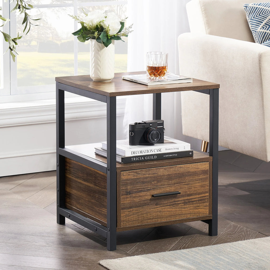 2 Tiers Nightstand with Drawer and Open Shelf Brown B669