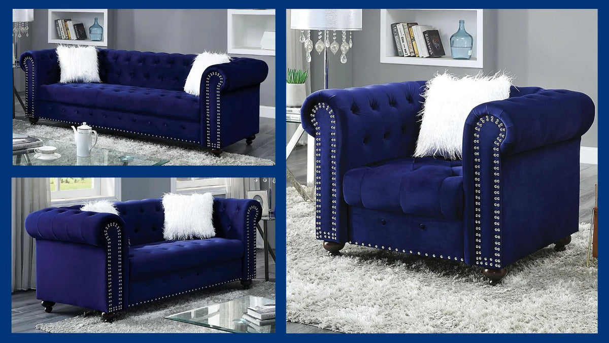 Blue Velvet-Like Fabric 3pcs Living Room Set O965359