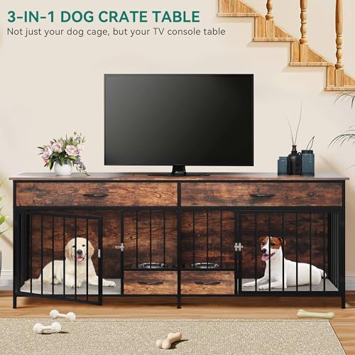 Brown Wooden Double Dog Crate TV Stand with Storage P9005