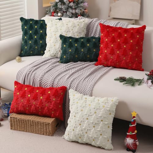 Dark Green Christmas Tree Pillow Covers 18 x 18 inch Set of 2 Plush Faux Fur I12057