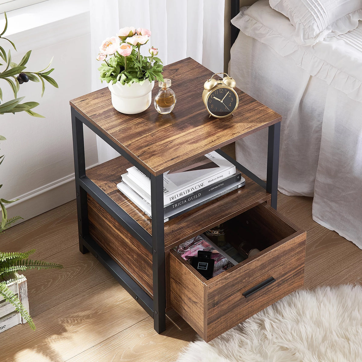 2 Tiers Nightstand with Drawer and Open Shelf Brown B669