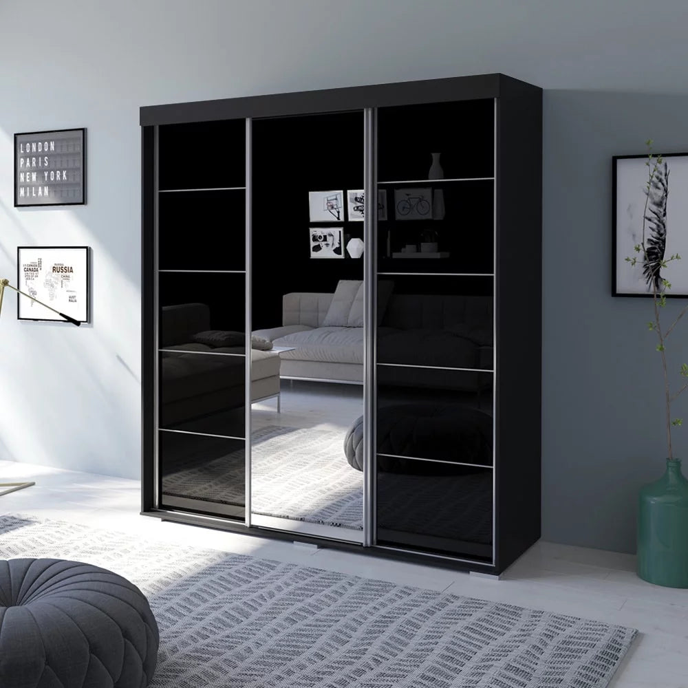 Black 3-door Wardrobe Armoire with Mirror H6378