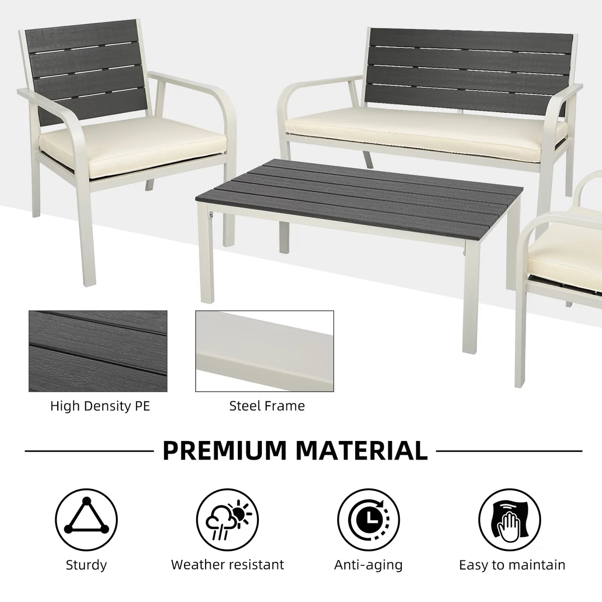 4 Pieces Patio Conversation Set with Cushions Coffee Table White B43151