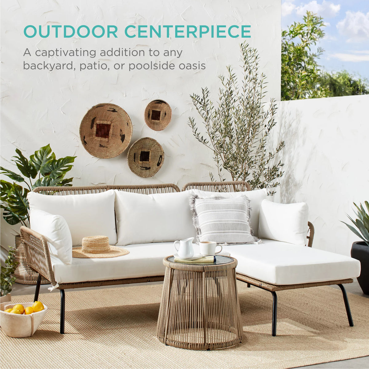 White L-Shaped Rope Woven Sofa Set with Table I6551
