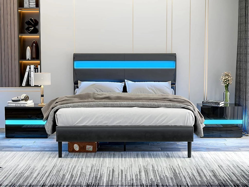 Black Modern LED Nightstand Set of 2 with 2 High Glossy Drawers T46193