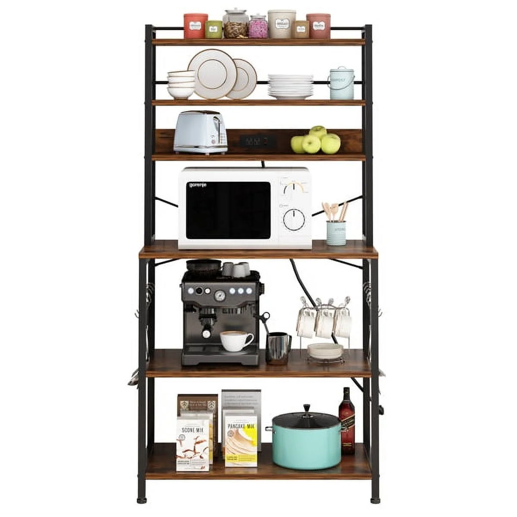 Rustic Brown 6-Tier Bakers Rack with Power Outlets S523