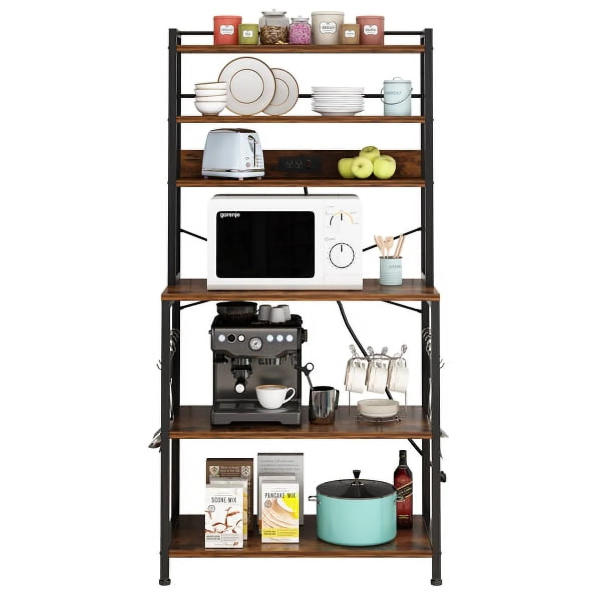 Rustic Brown 6-Tier Bakers Rack with Power Outlets S523