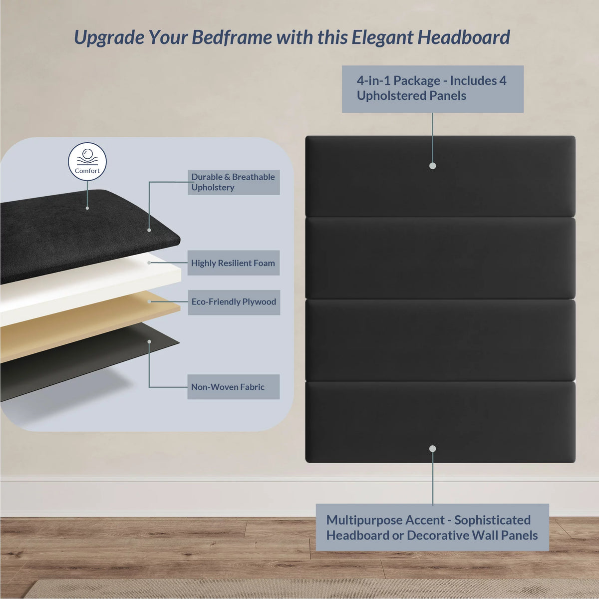 Black Upholstered Wall Panels Headboards Pack of 4 W31257