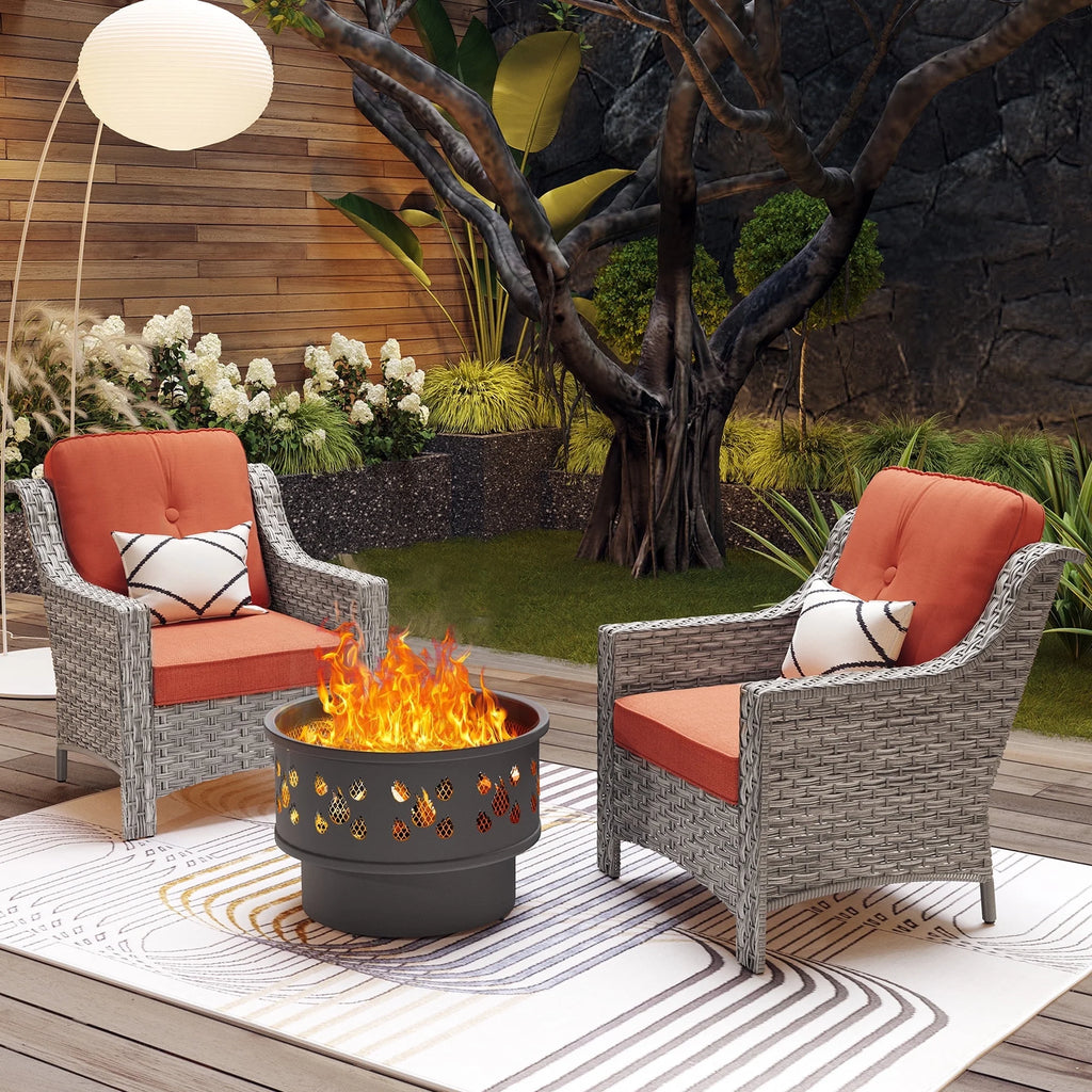 3 Pieces Wicker Outdoor Patio Furniture Set with Fire Pit J53604