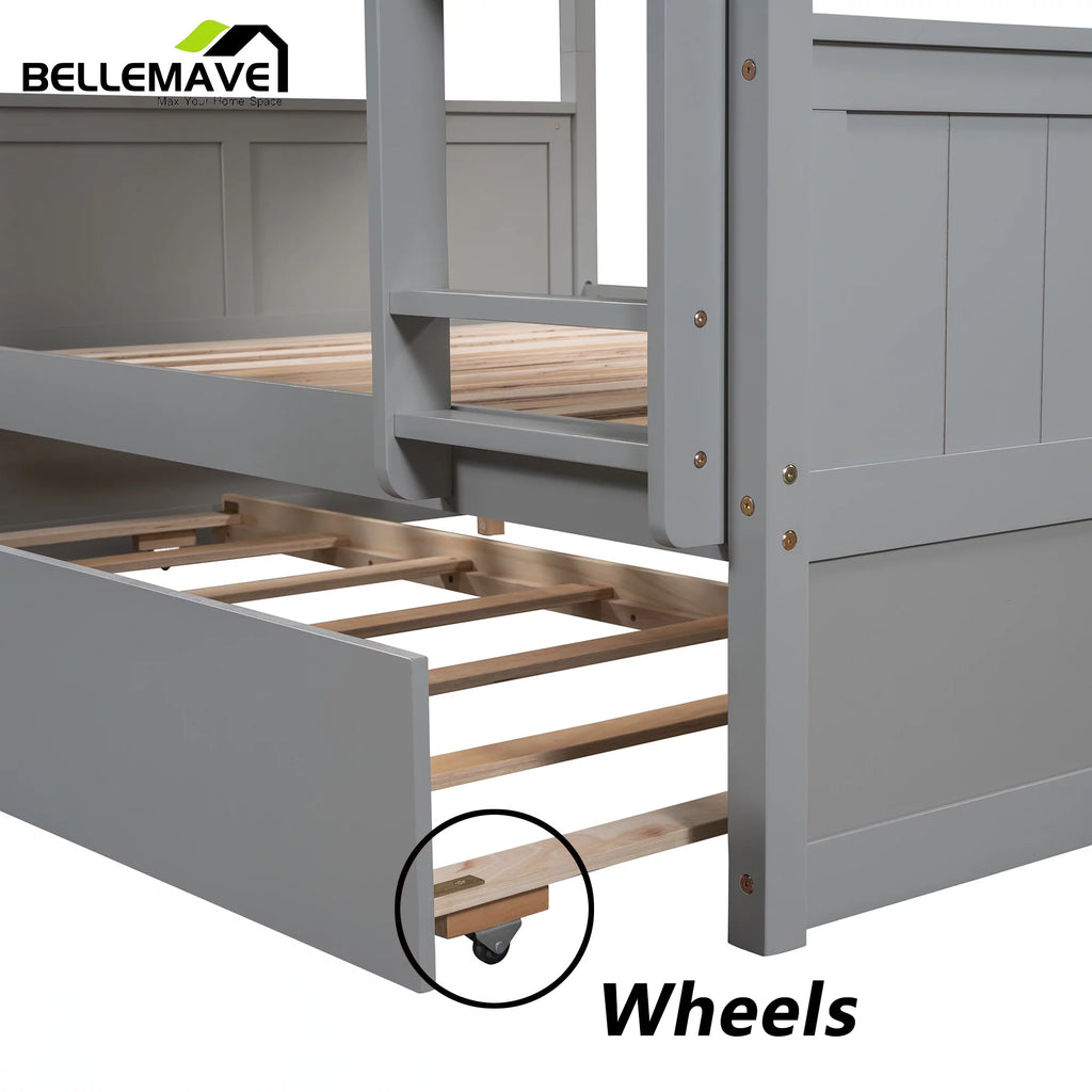 Full Over Full Wood Bunk Bed with Twin Trundle and Ladder X221