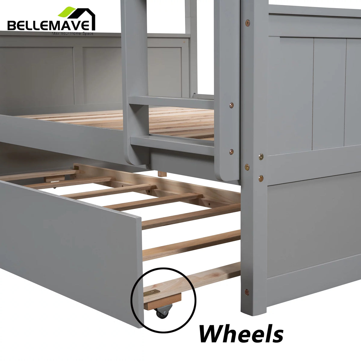 Full Over Full Wood Bunk Bed with Twin Trundle and Ladder X221