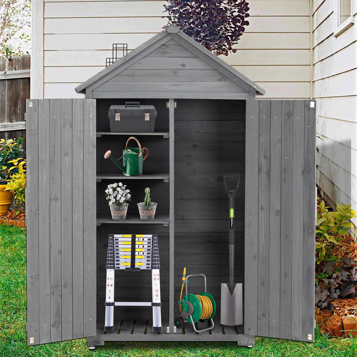 Outdoor Wood Storage Cabinet with Shelves and Latch Q38016