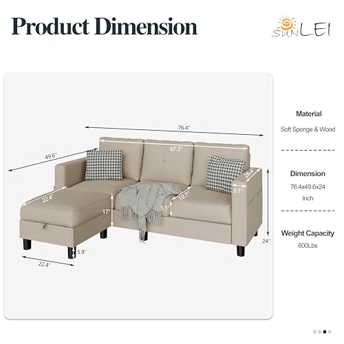 L Shaped Linen Fabric Sectional Sofa with Reversible Chaise L202