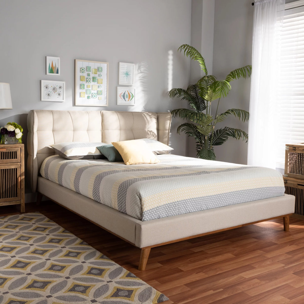 Light Beige Fabric Upholstered Walnut Brown Wood King Size Platform Wingback Bed B975