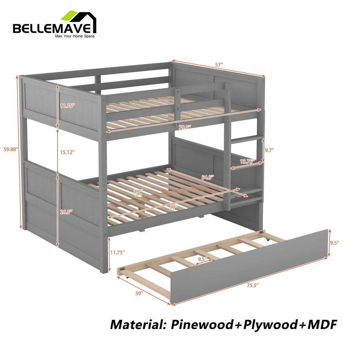 Full Over Full Wood Bunk Bed with Twin Trundle and Ladder X221