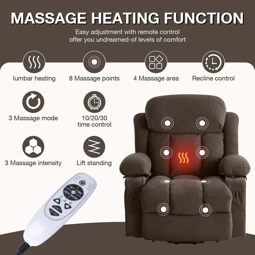 Brown PU Leather Power Lift Recliner Chair with Massage and Heating O355