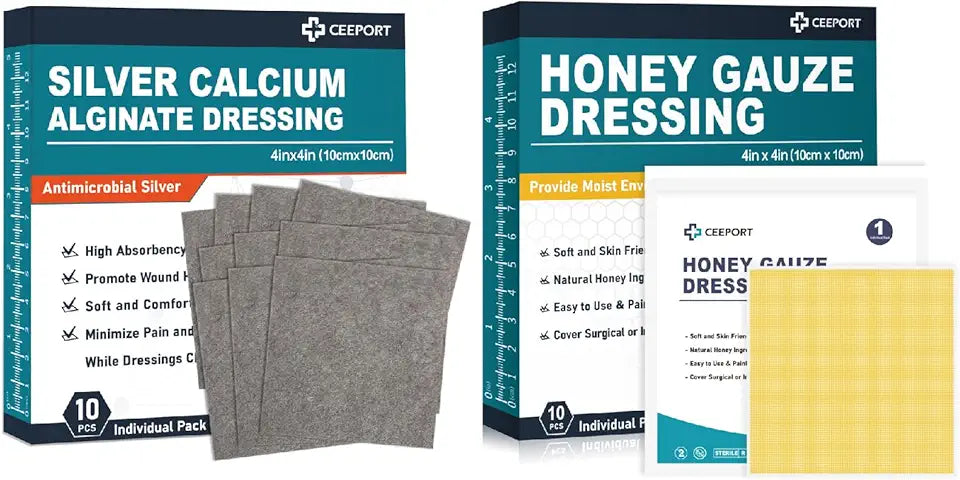 Silver Calcium Alginate Dressing 4''x4'' 10pcs + Manuka Honey Gauze Dressing 4'' x 4'' 10pcs K832