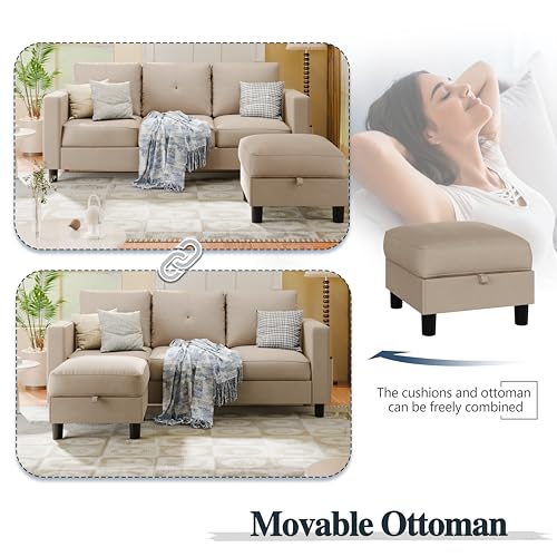L Shaped Linen Fabric Sectional Sofa with Reversible Chaise L202