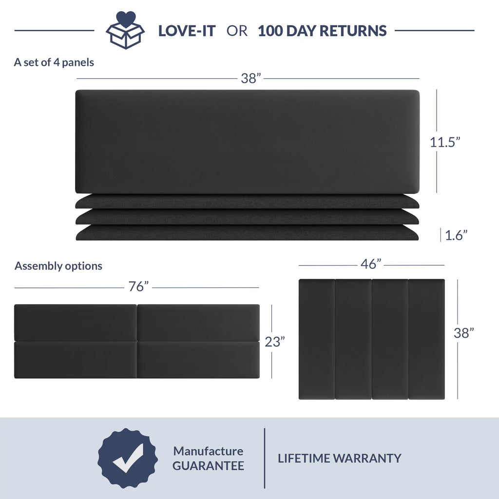 Black Upholstered Wall Panels Headboards Pack of 4 W31257