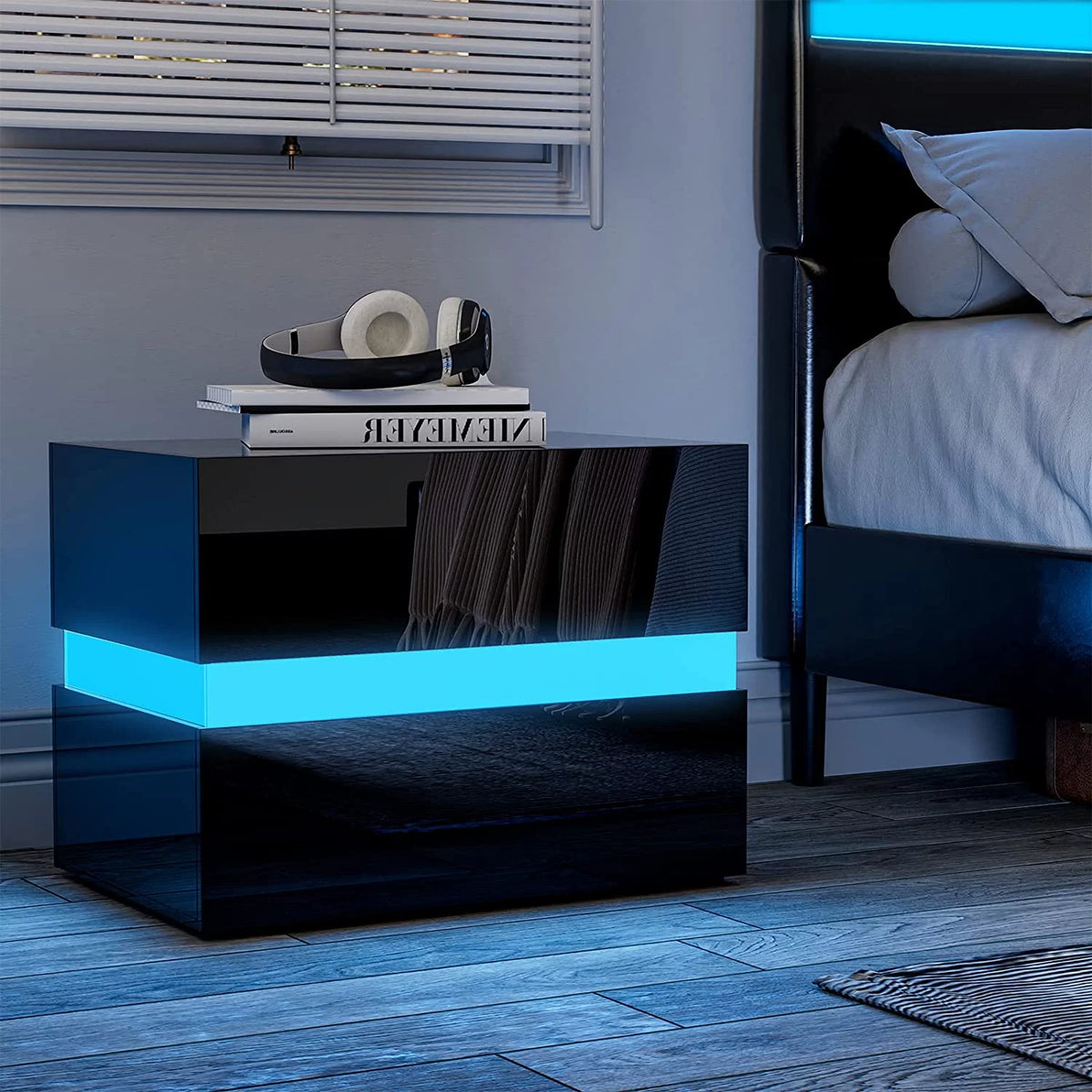 Black Modern LED Nightstand Set of 2 with 2 High Glossy Drawers T46193