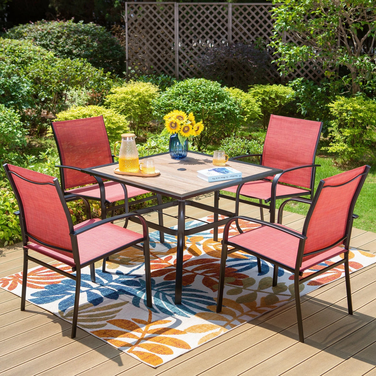 5-Piece Outdoor Patio Dining Set with Textilene Chairs & Wood Grain Table O403537