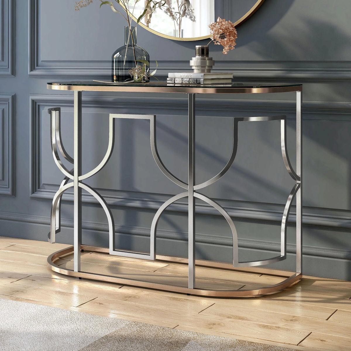 Glass Top Chrome and Gold Sofa Table M4060