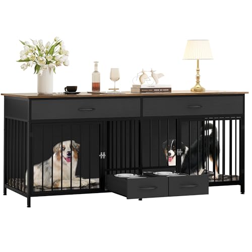 Brown Wooden Double Dog Crate TV Stand with Storage P9005