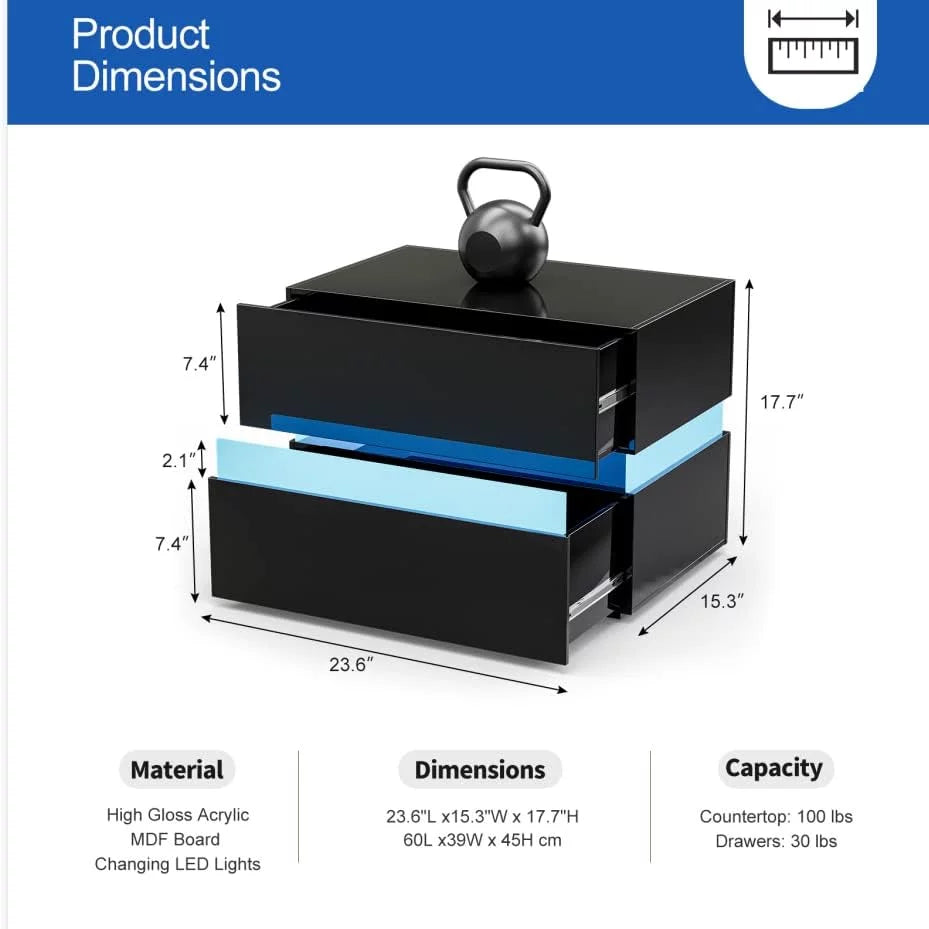 Black Modern LED Nightstand Set of 2 with 2 High Glossy Drawers T46193