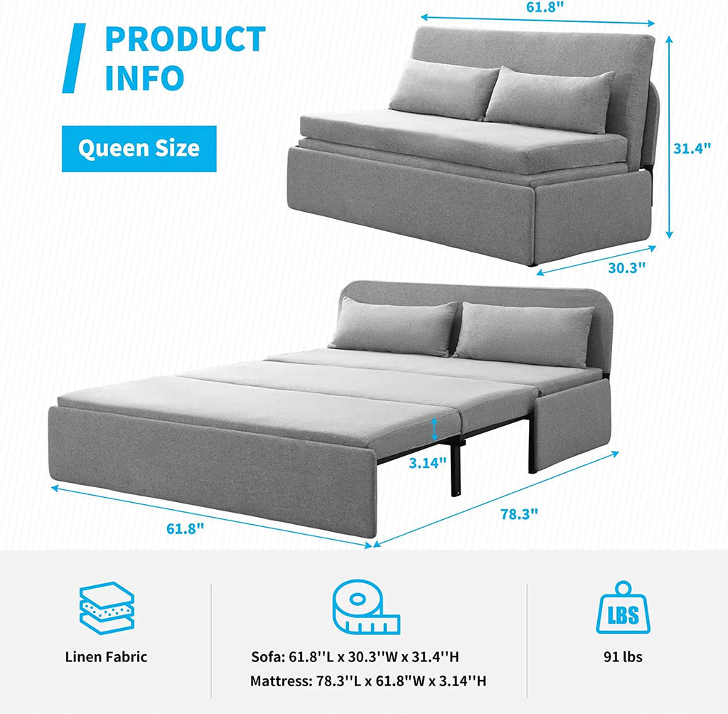 Queen Size Light Gray Linen Convertible Sofa Bed M90618