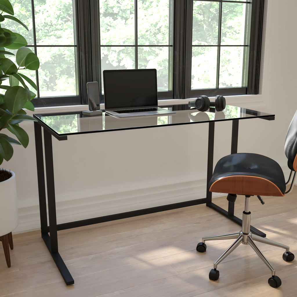 Glass Desk with Black Pedestal Metal Frame Z71214